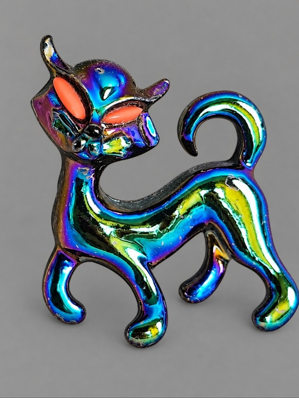 Oil Slick Metal Black Cat Halloween Brooch Wicca Magic Spells Orange Eyes FLAW